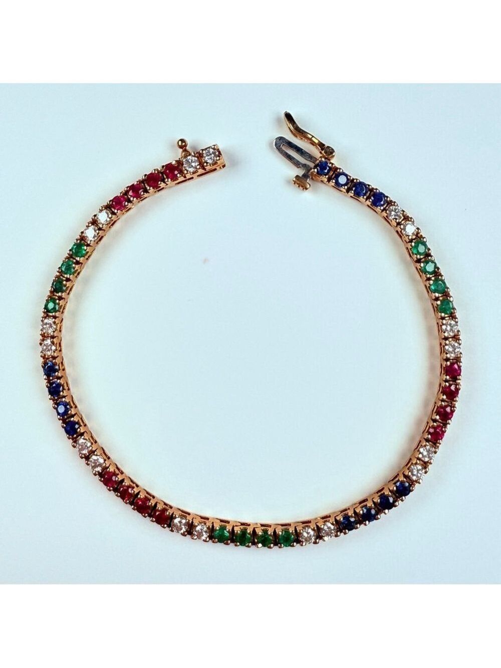 Estate 14K 1.25 TCW Diamond & 2.55 TCW Ruby Emerald Sapphire 3mm Tennis Bracelet